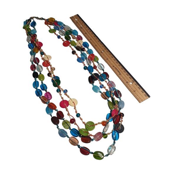 Colorful BOHO Beaded Necklace Glass Wooden 4 Layer Lobster Clasp Beach Core - Picture 3 of 4